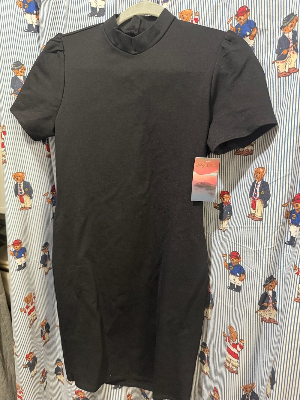 Women's Black Short-Sleeve Mock Neck Dress Tee
